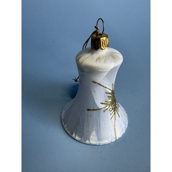 Lauscha Glassworks White Pearly Blown Glass Gold Trim Bell Ornament Germany - Picture 3 of 6